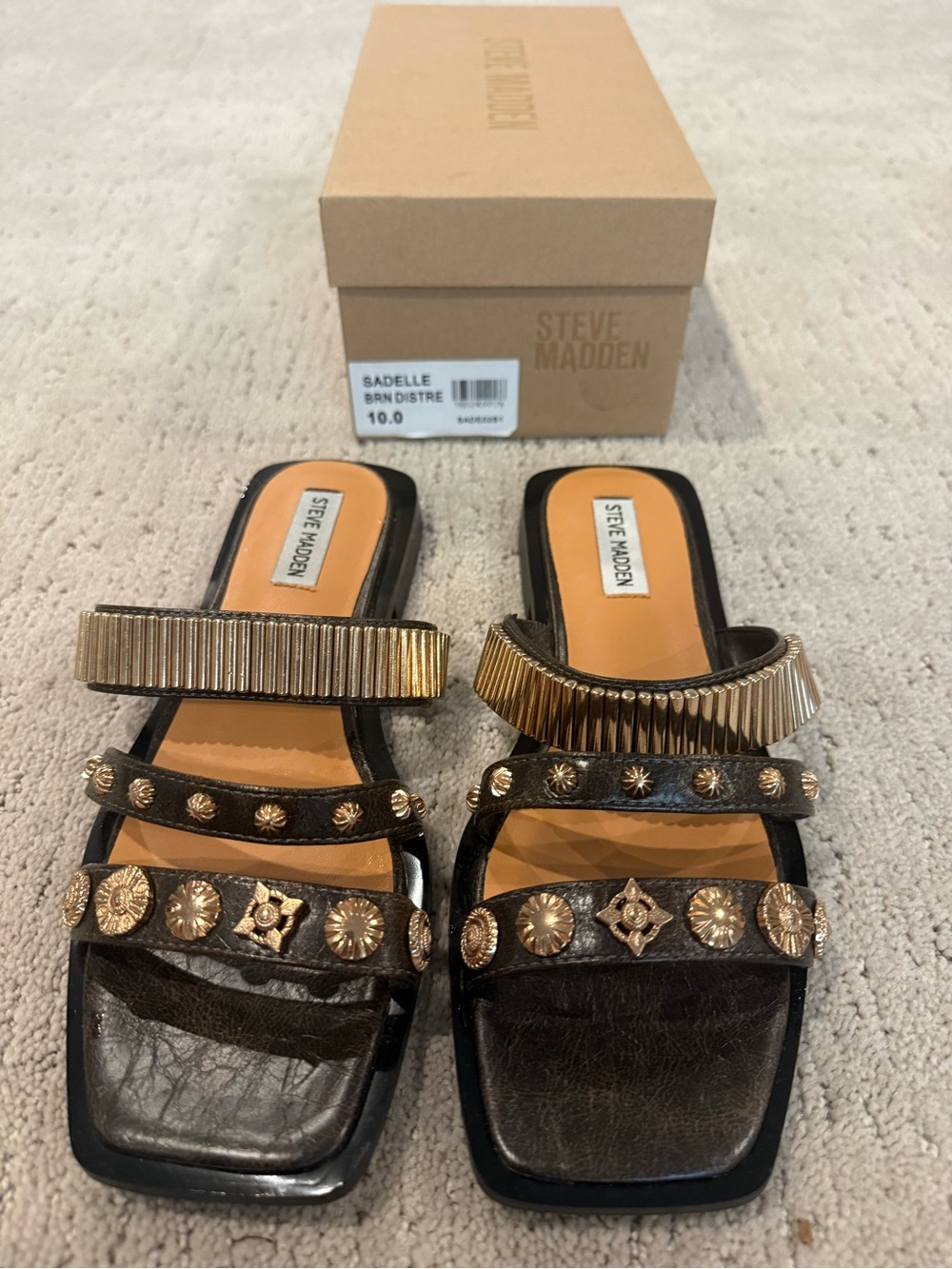 Steve Madden Brown Leather Slide Sandals with Gold Embellishments